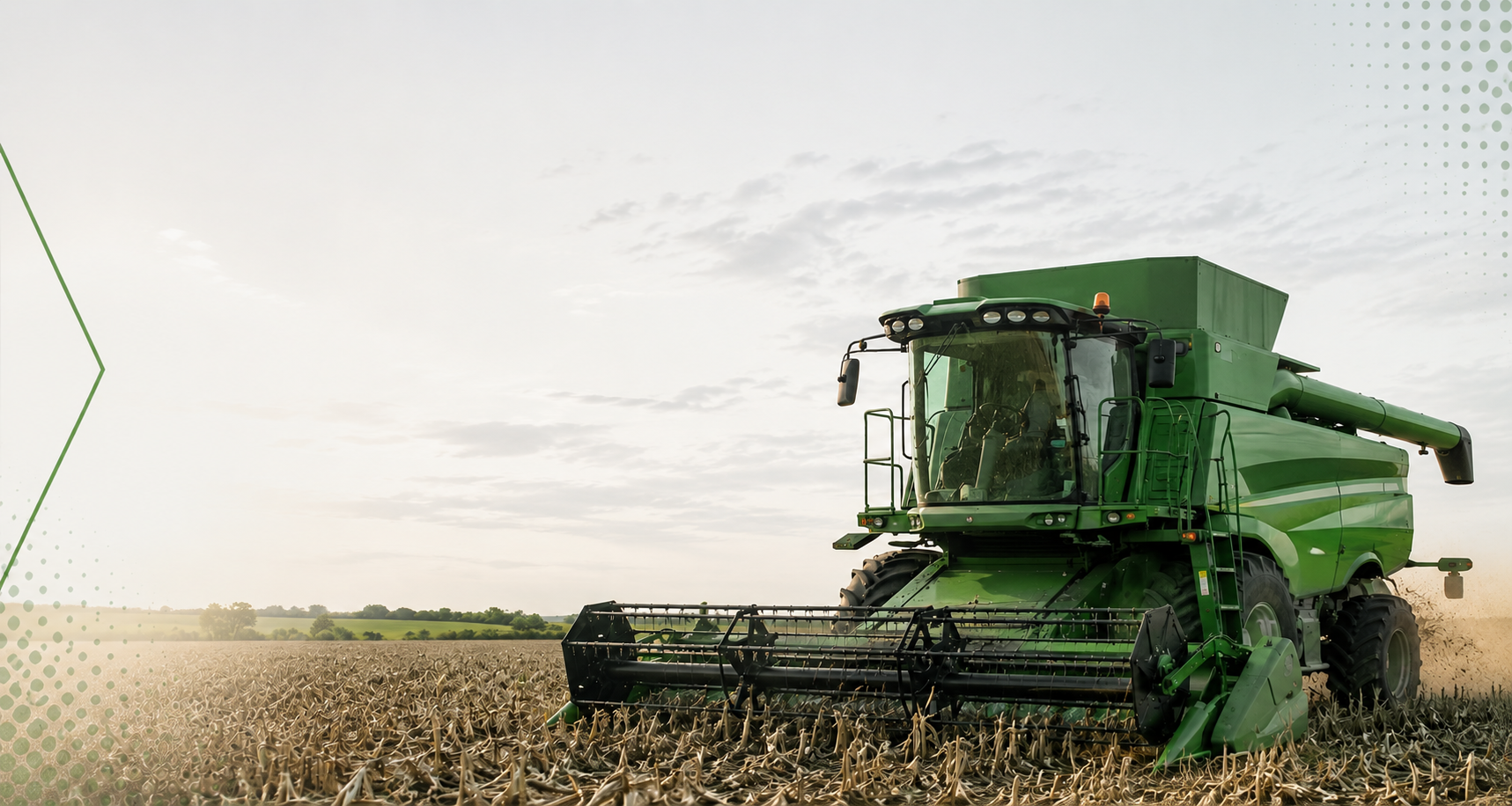 Green combine harvester working in grain field - agricultural machinery for crop harvesting